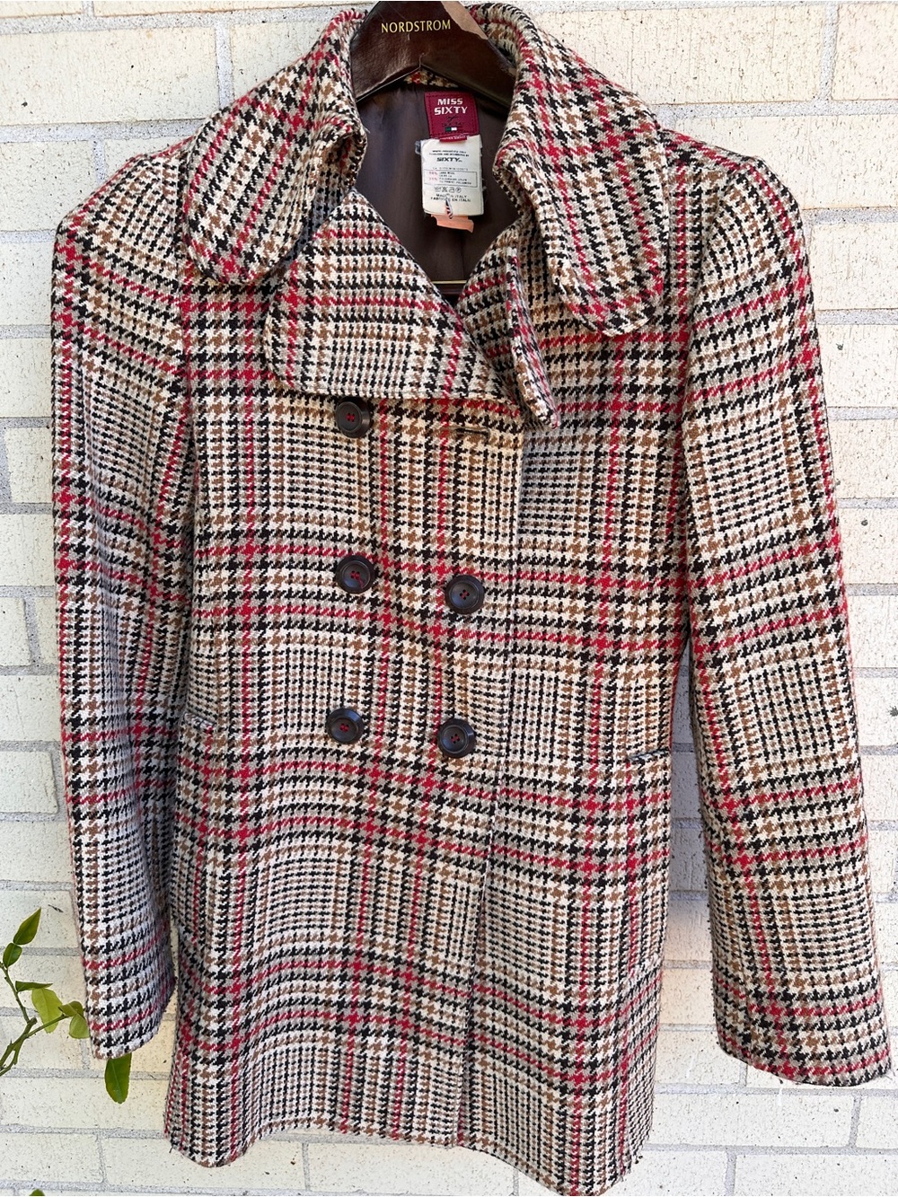 Miss Sixty Vintage 90s Italy-made Women's Plaid Double-Breasted Wool Peacoat XS